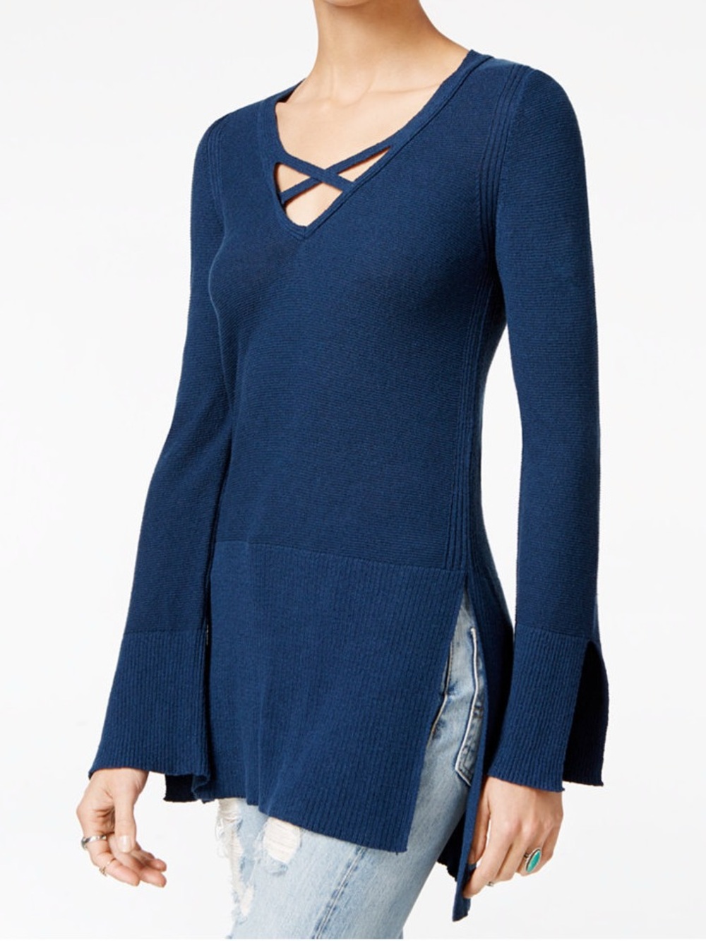 Free People Blue Long Sleeve Criss-Cross Tunic Size Small